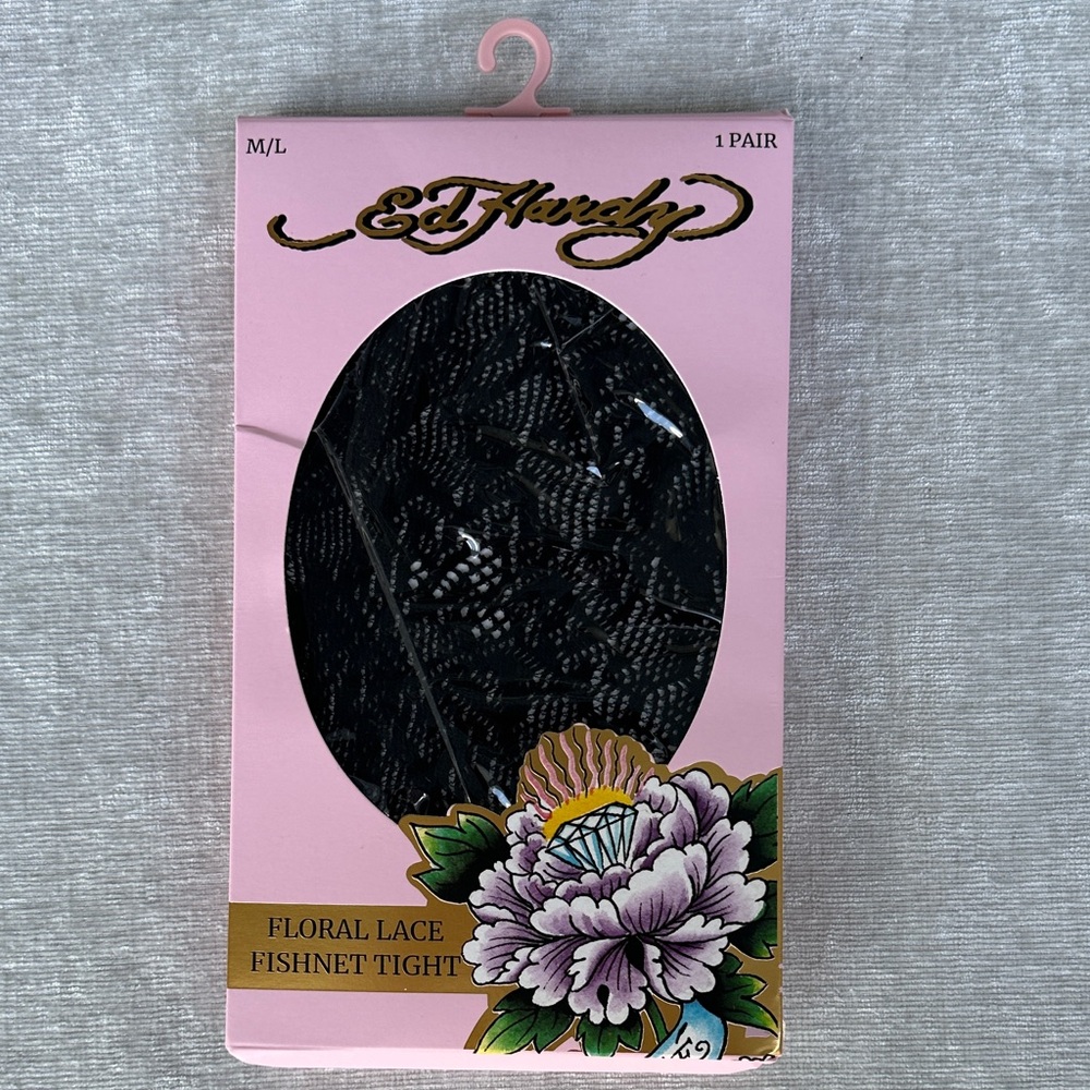 Ed Hardy Black Floral Lace Fishnet Tights NWT OS